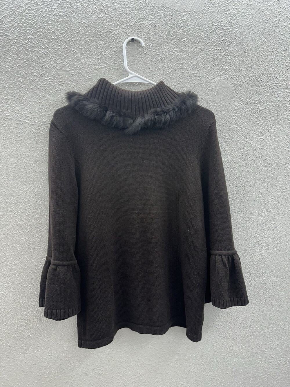 Escapade Womens Sweater Size Medium Brown Faux Fur Collar Long Sleeve 3/4 Sleeve